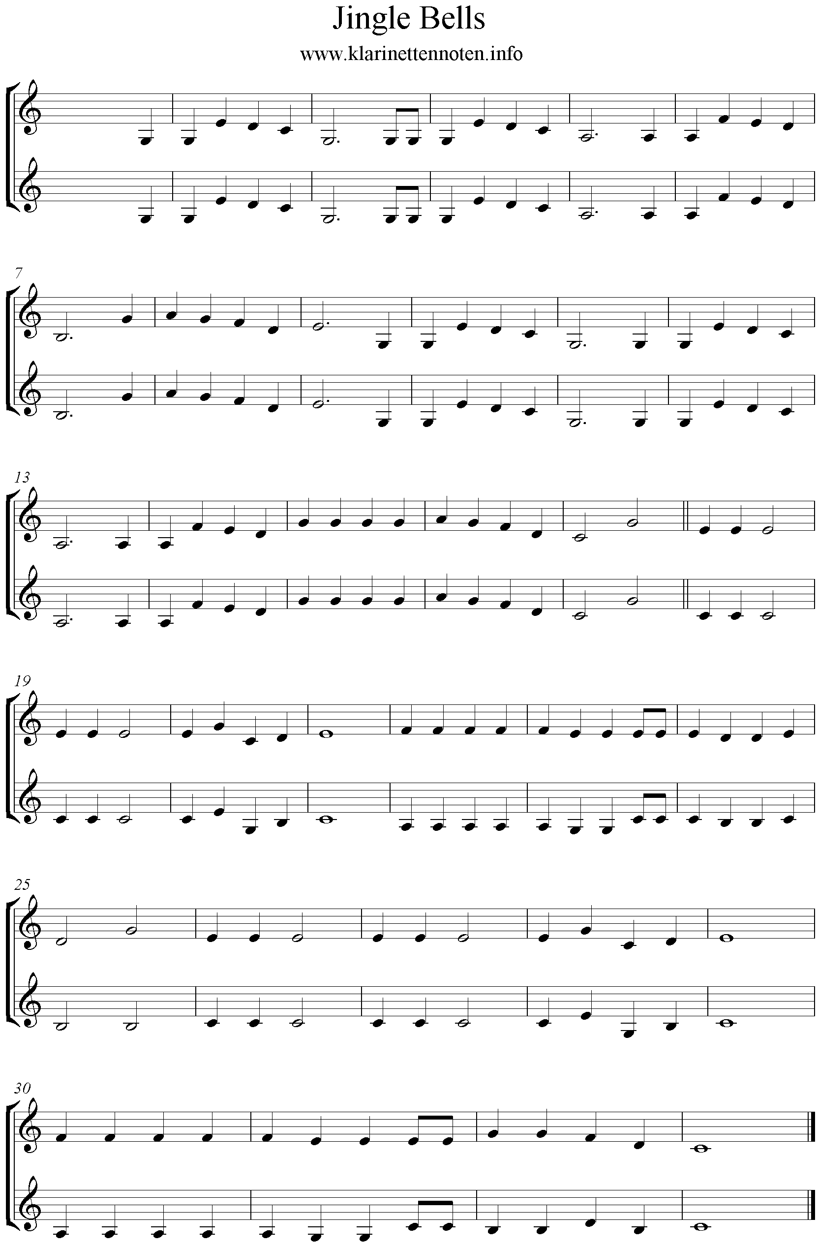 Jingle Bells 2stimmig Noten für Klarinette Anfänger